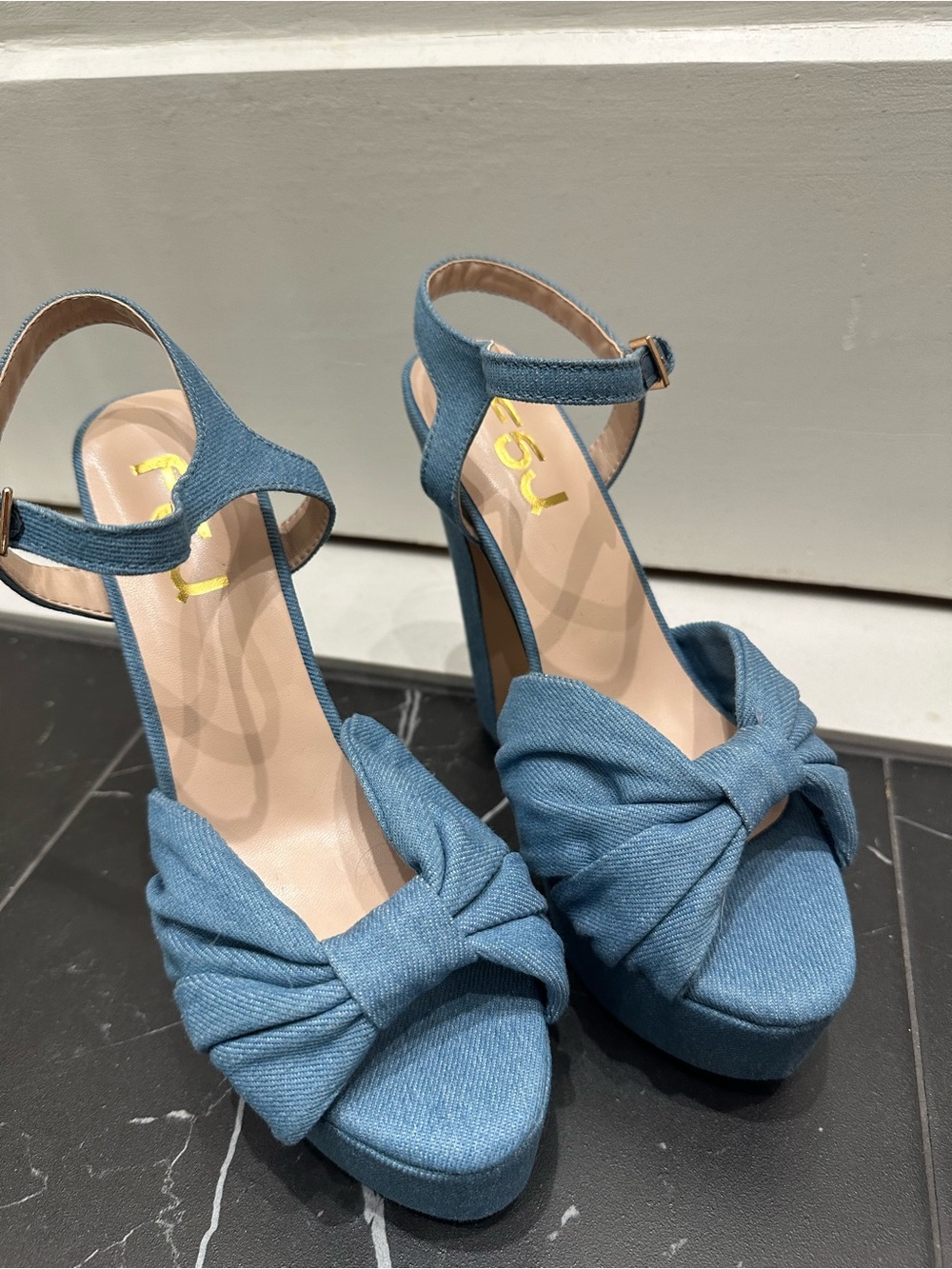Never Worn FSJ Blue Denim Bow Platform Sandals with Ankle Strap